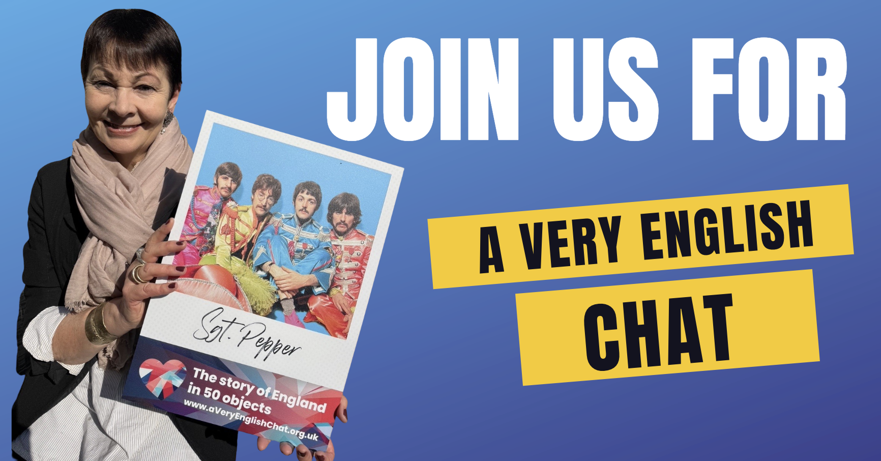 A well-designed featured image showing a person holding a Sgt. Pepper photo card, with bold headline text on a blue gradient background