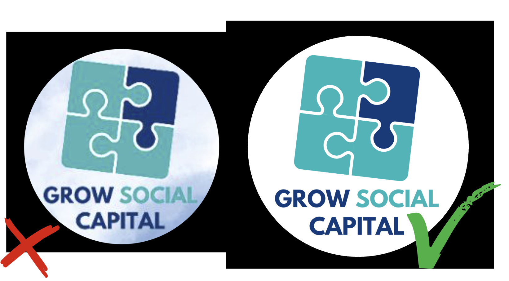 Comparison showing a blurry low-resolution logo on the left marked with a red cross, and a sharp high-resolution logo on the right marked with a green tick