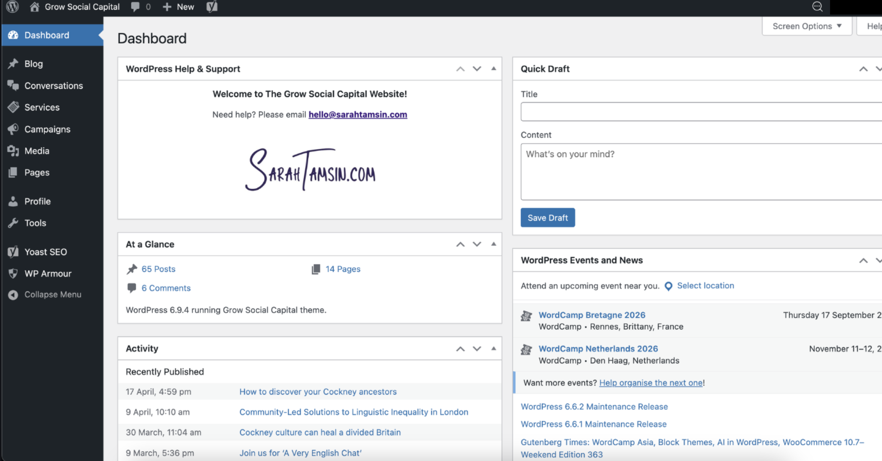 The WordPress admin dashboard showing the top bar, left sidebar navigation, and main content area with welcome panel