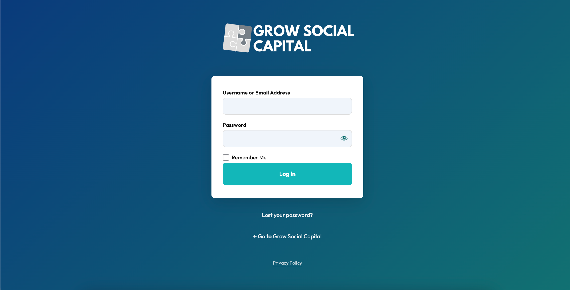 The Grow Social Capital login page showing the logo, username and password fields, and a teal Log In button