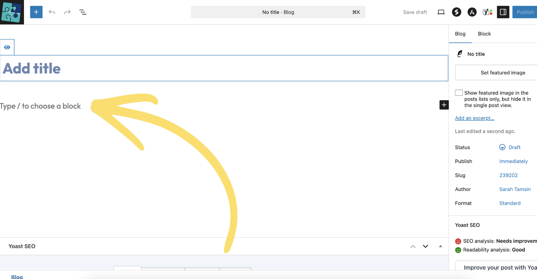 The WordPress block editor with an arrow pointing to the main content area