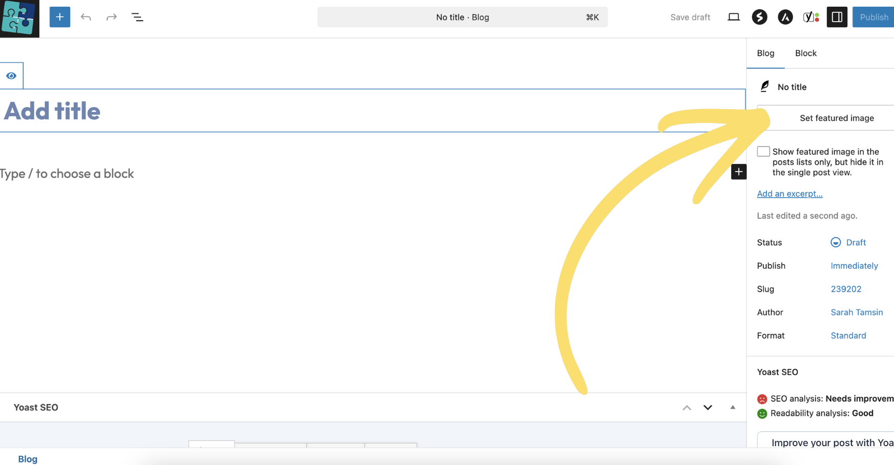 The WordPress block editor with an arrow pointing to the Set featured image button in the right-hand panel