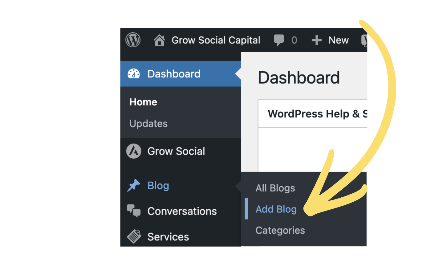 The WordPress dashboard with the Blog menu expanded, showing Add Blog highlighted