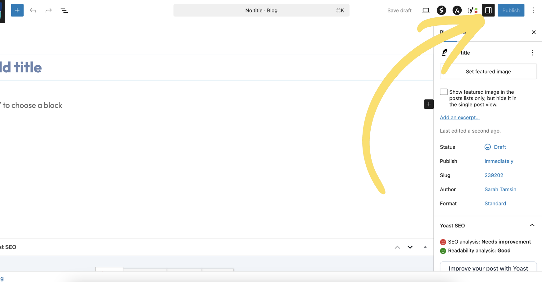 The WordPress block editor with an arrow pointing to the settings panel icon in the top toolbar