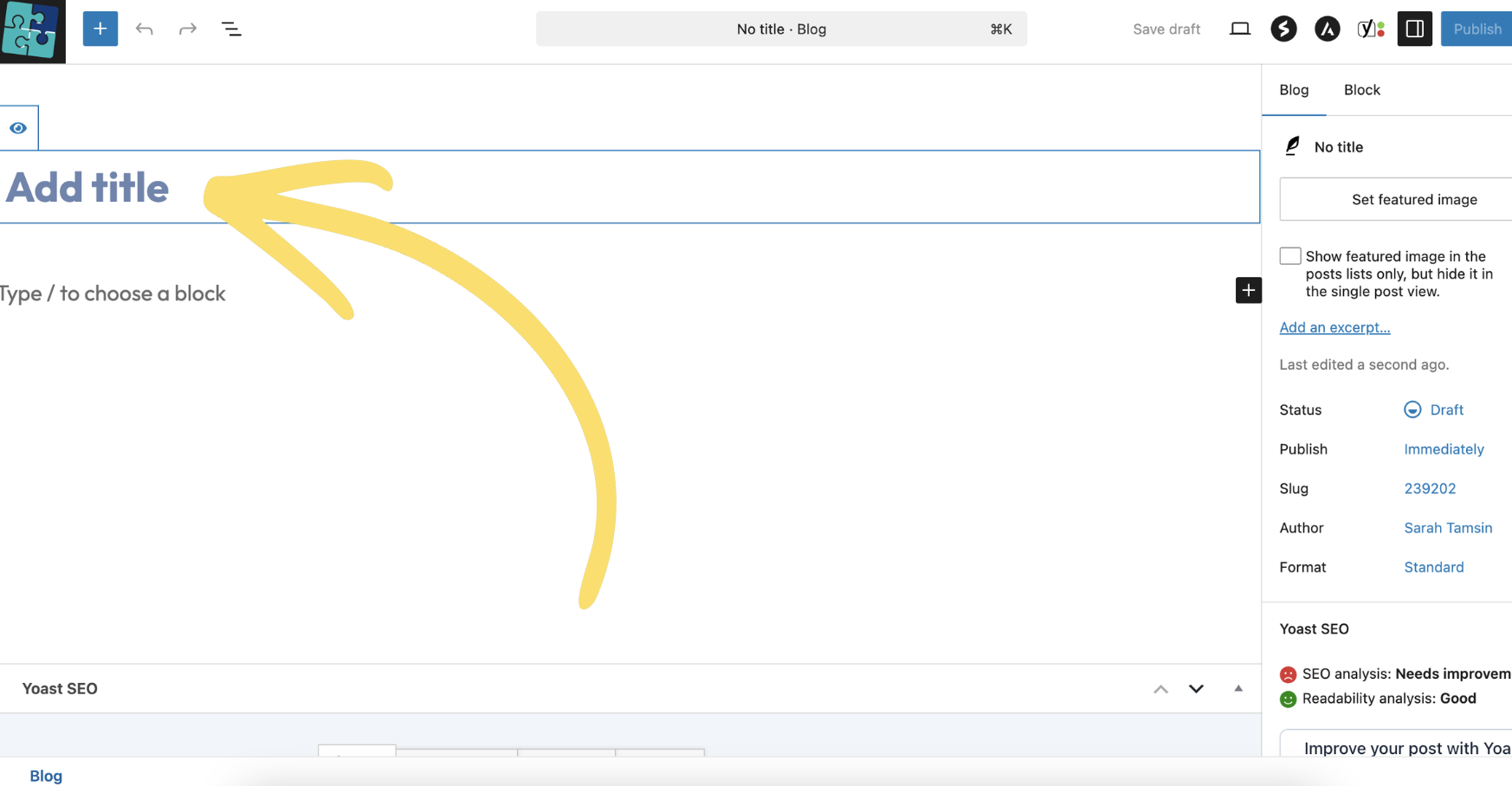 The WordPress block editor with an arrow pointing to the Add title field