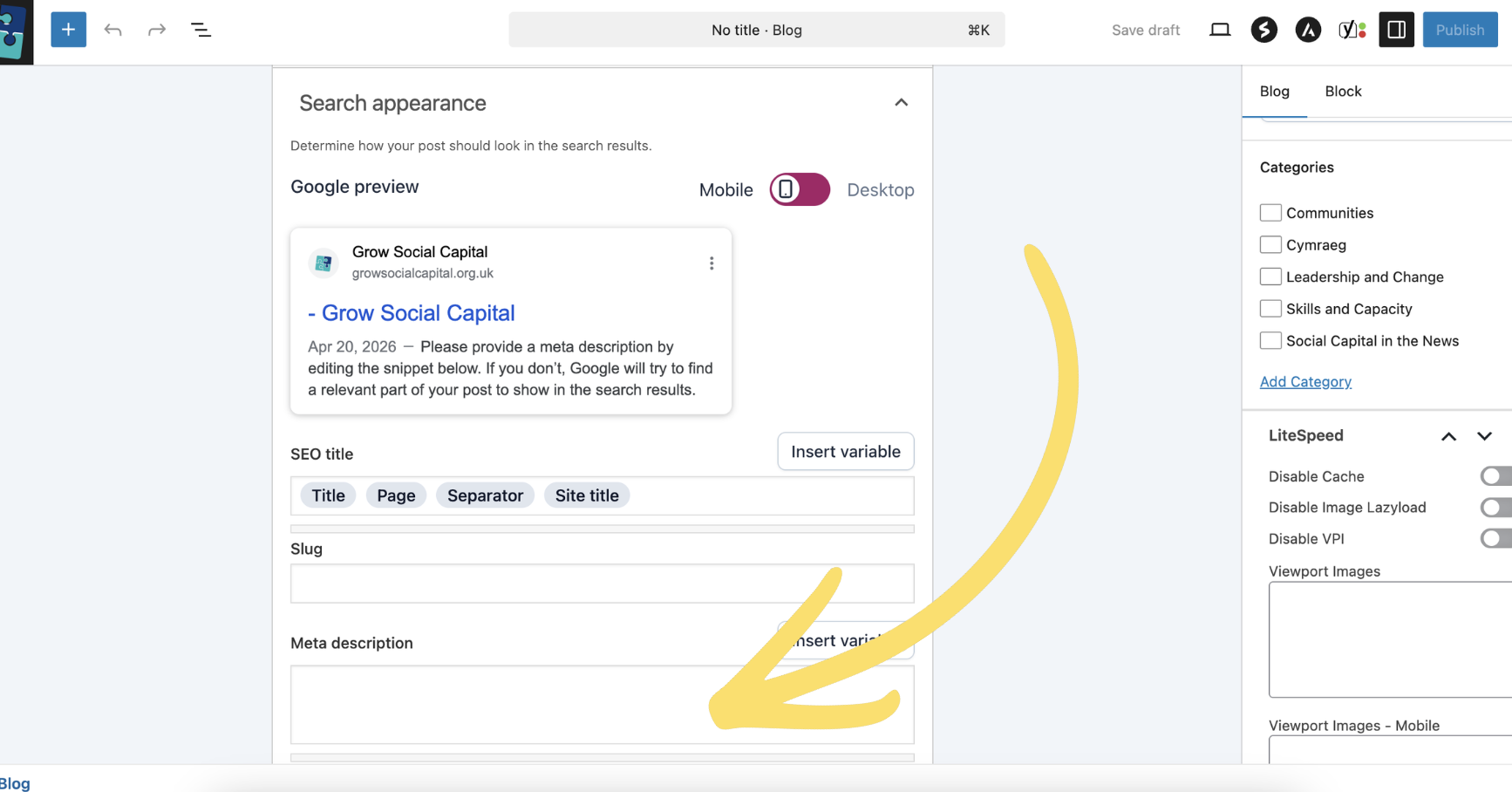 The Yoast SEO Search appearance panel showing a Google preview and the Meta description field