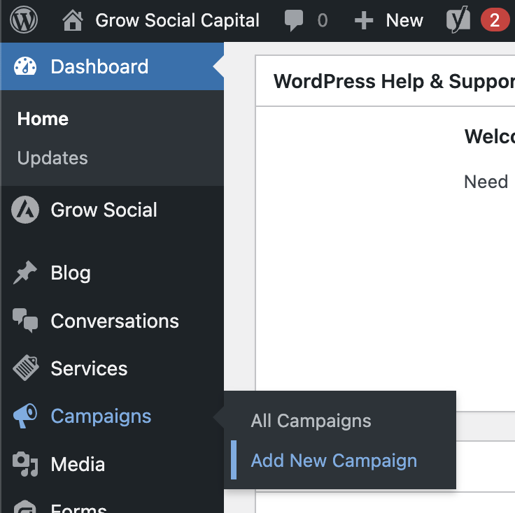 The WordPress dashboard with the Campaigns menu expanded, showing Add New Campaign highlighted