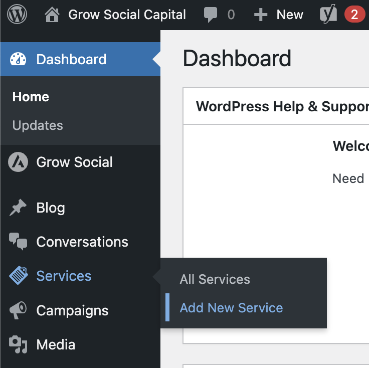 The WordPress dashboard with the Services menu expanded, showing Add New Service highlighted