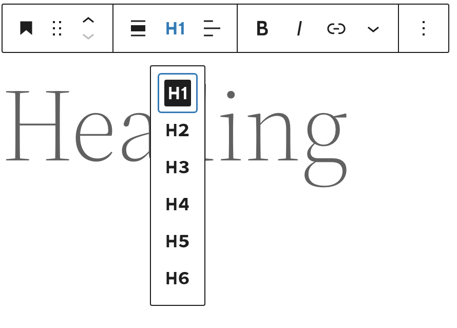 The WordPress heading level selector showing H1 through H6 buttons in the block toolbar