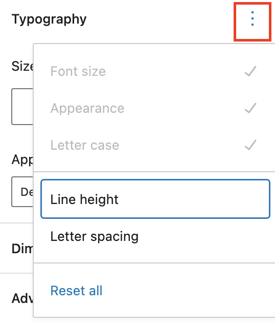 The WordPress heading typography settings panel showing font size, appearance, letter case, line height and letter spacing options