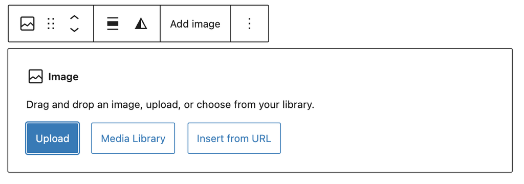 The WordPress image block upload options showing Upload, Media Library, and Insert from URL