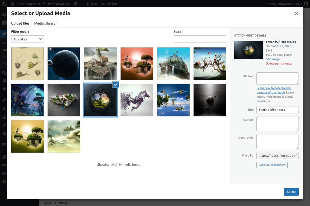 The WordPress media library showing uploaded images in a grid