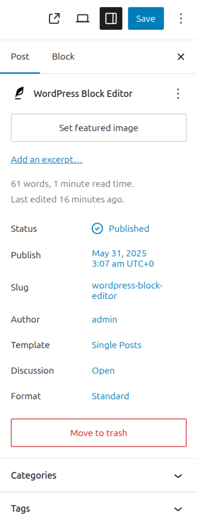 The WordPress block editor settings sidebar showing the publish panel