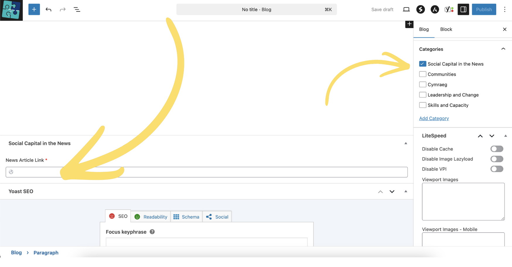 The WordPress editor showing the Social Capital in the News category ticked, and the News Article Link field revealed below the content area